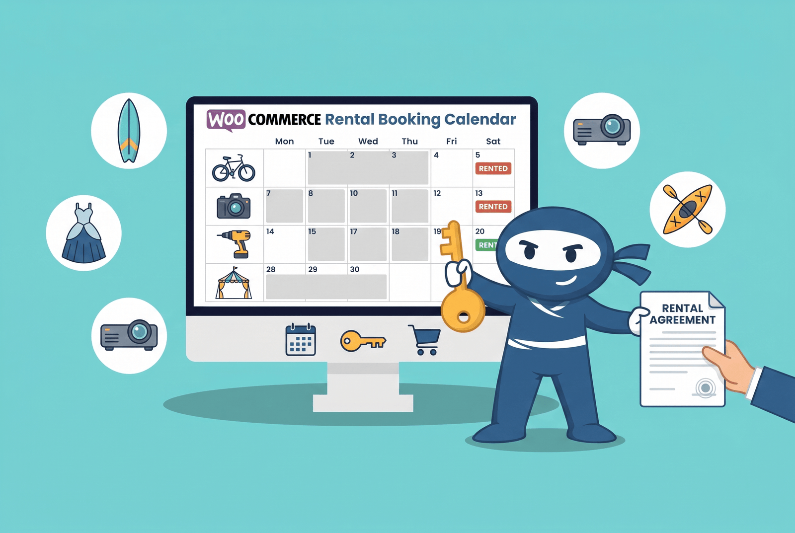 A WooCommerce Bookings Rental plugin interface visible on the monitor in the background. A Blue ninja handing off a rental agreement and receiving a key to unlock various rental items in the foreground. With various rentable icons in the surroundings.