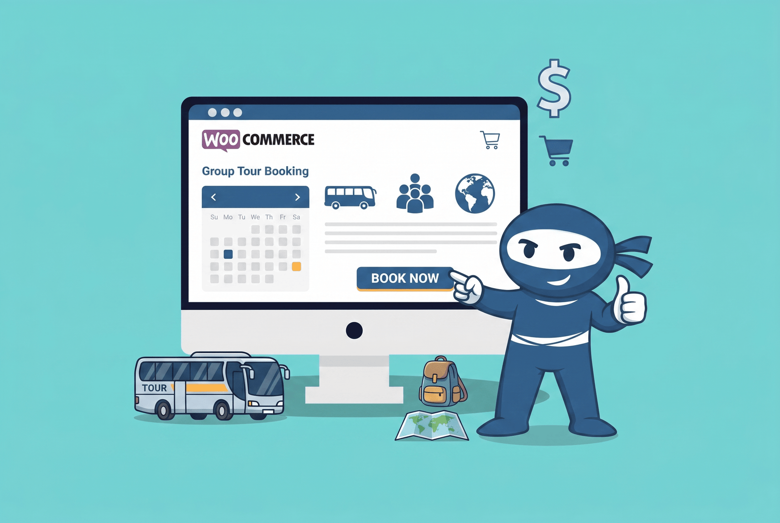 A page showing WooCommerce group tour bookings and book now on the monitor in the background and a blue ninja pointing at it with a thumbs-up in the foreground.