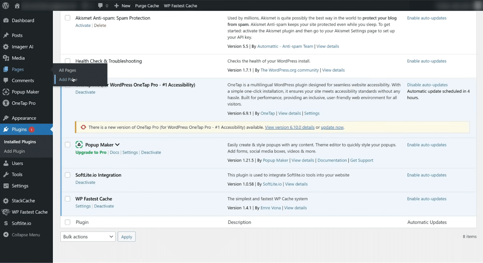 Image showing how to create a new page on WordPress. 