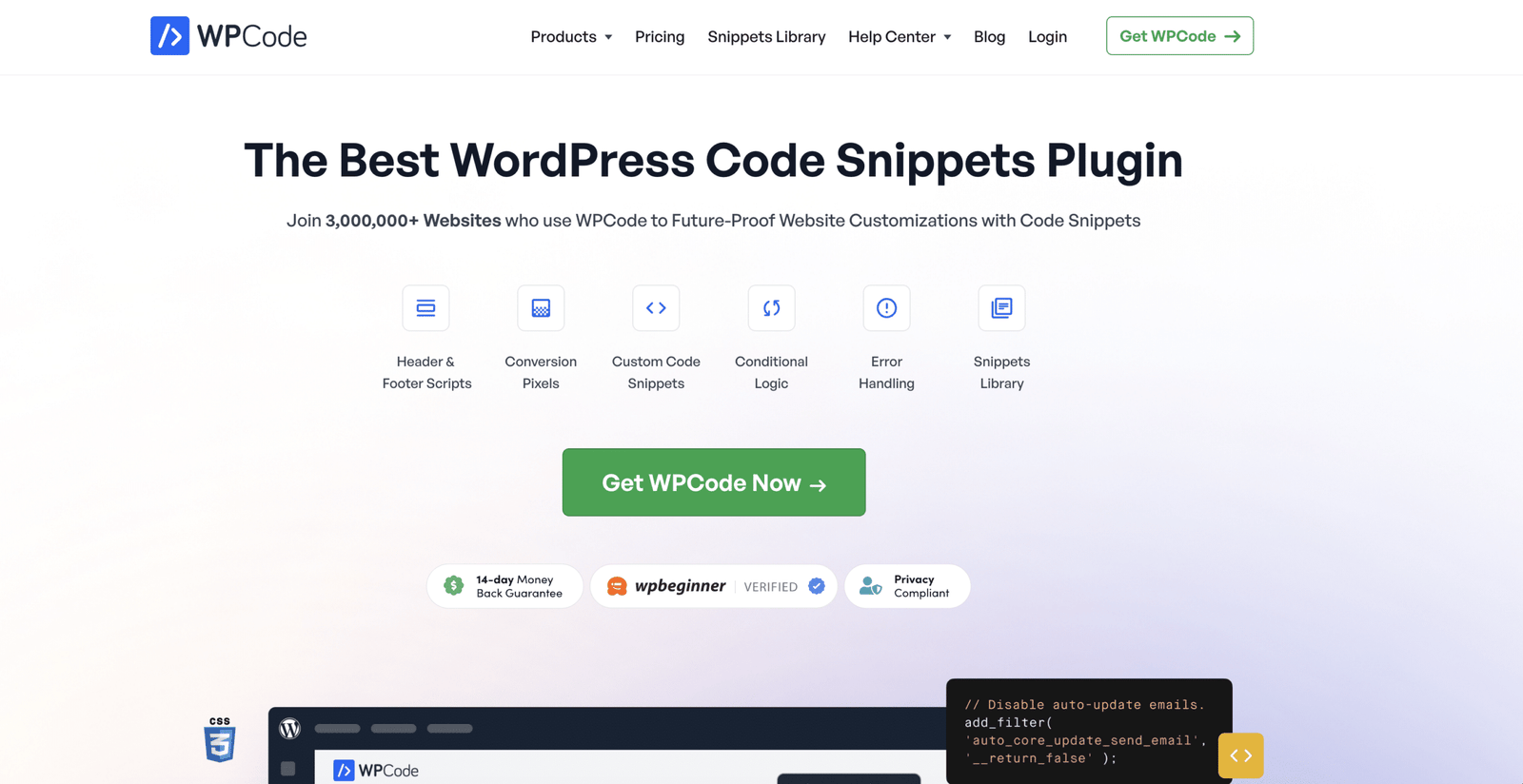 Image showing WPCode website.