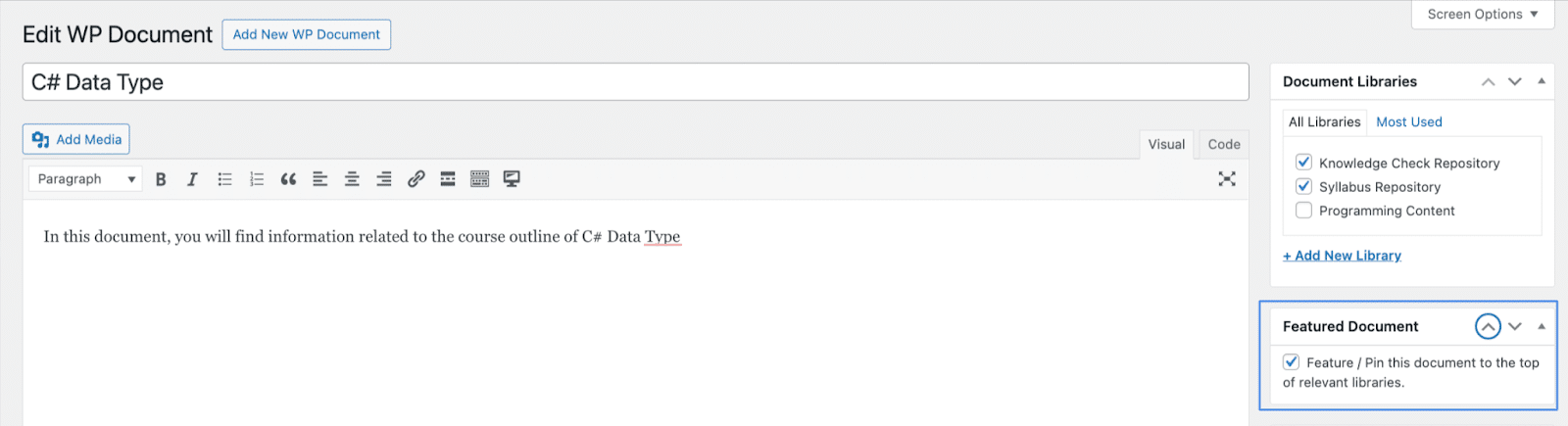 Image showing how to edit WP featured documents.