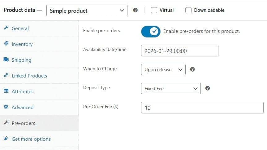 Pre-orders tab in the WooCommerce product data panel
