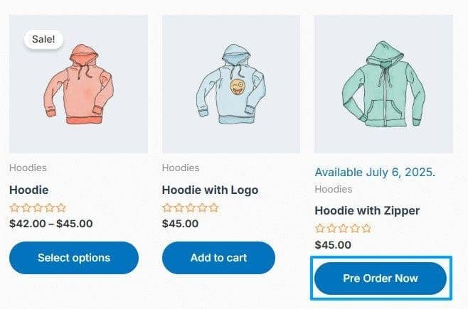 Shop page showing Pre Order Now button alongside regular products