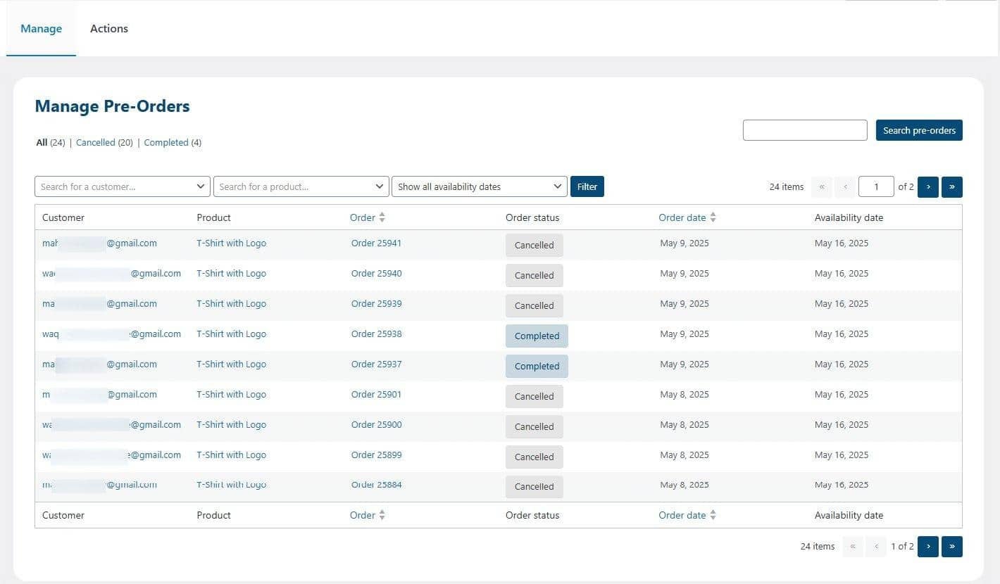 WooCommerce Manage Pre-Orders dashboard displaying orders and their current statuses