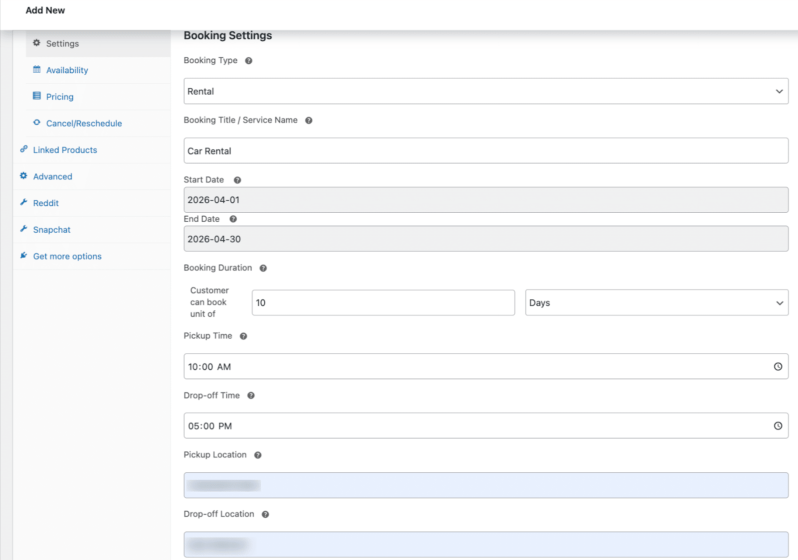 Image showing booking settings.
