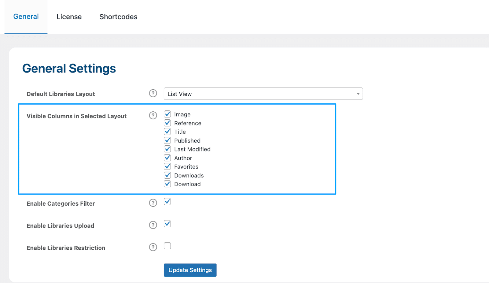 Image showing how to customize Columns and Metadata on the general settings.