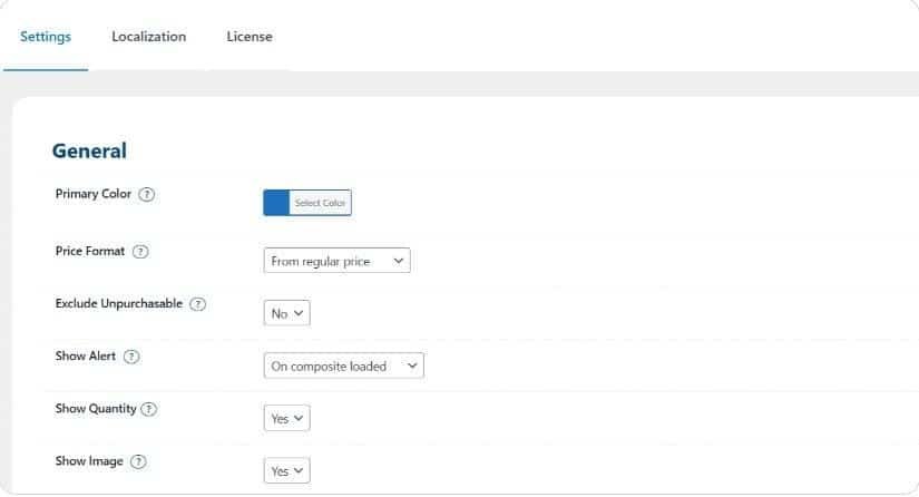 General Settings Panel showing Price Format, Exclude Unpurchasable, Show Alert, and Show Image configured for complex tech specification selling general-settings-panel-showing-primary-color-price-format-exclude-unpurchasable-show-alert-show-quantity-and-show-image-options