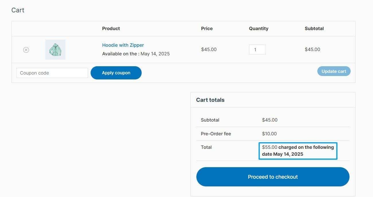 Cart showing pre-sale product with charge date and deposit fee WooCommerce cart displaying a pre-sale product with deposit fee and scheduled charge date.