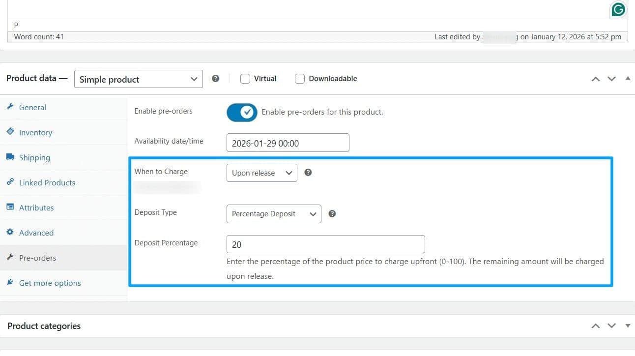 Percentage deposit configuration for pre-sale product WooCommerce pre-order configuration screen displaying availability date and payment method options.