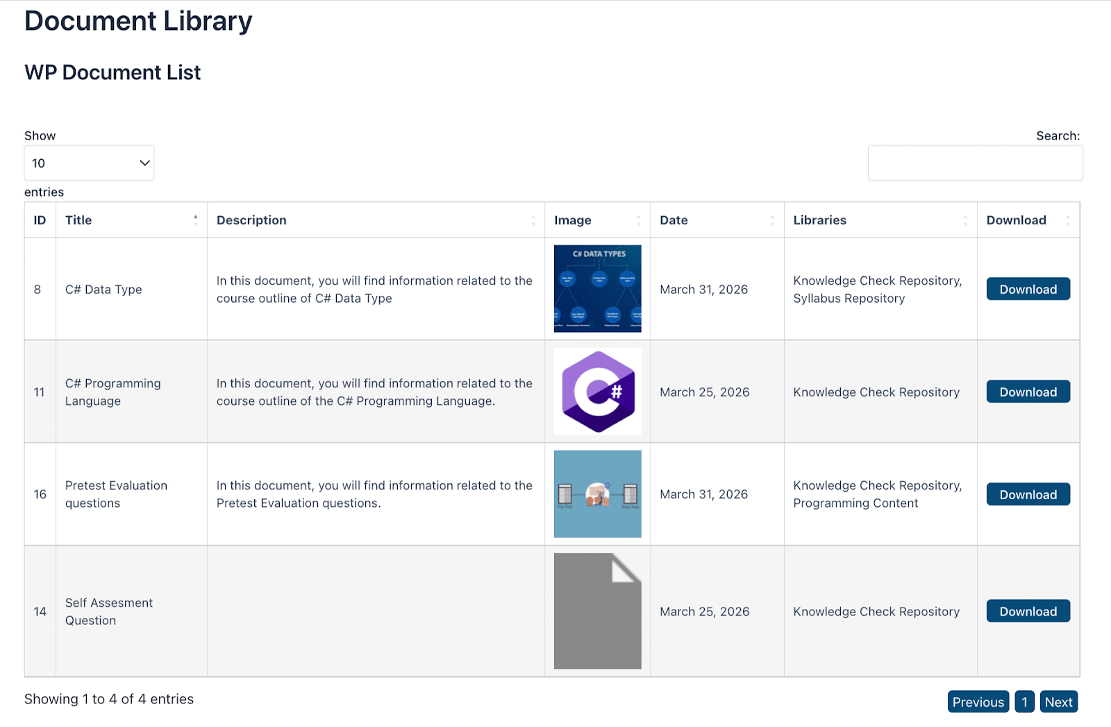 Image showing document library WP document list.