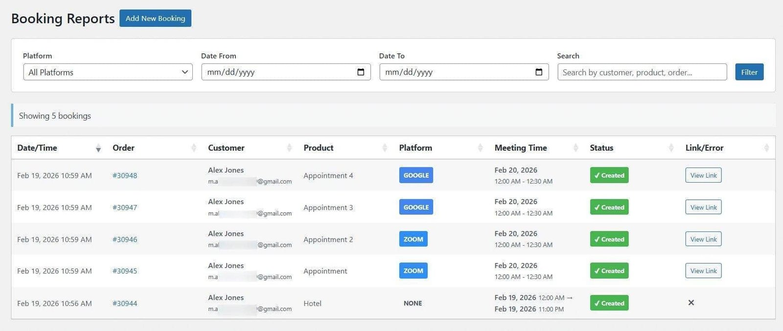 image showing booking reports dashboard filterable by platform, date and a direct order link.