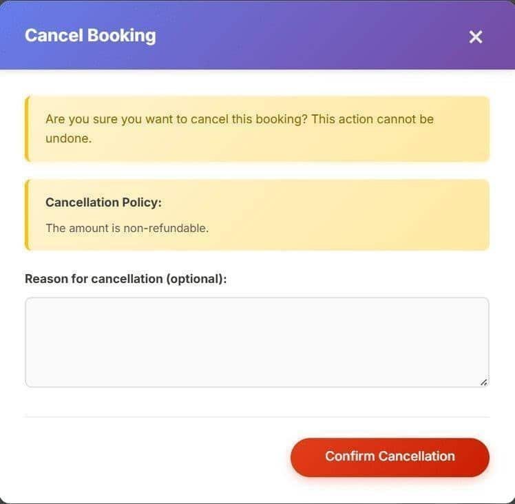 image showing cancel booking modal displays the rental's stated cancellation policy and prompts for an optional reason before the customer confirms the cancellation request.