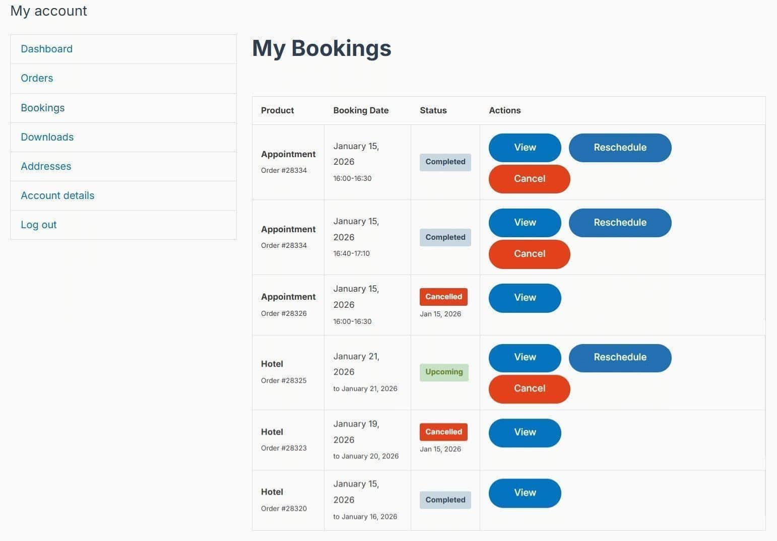 image showing customer's my bookings page, each reservation with its product, booking date, reschedule and cancel options.