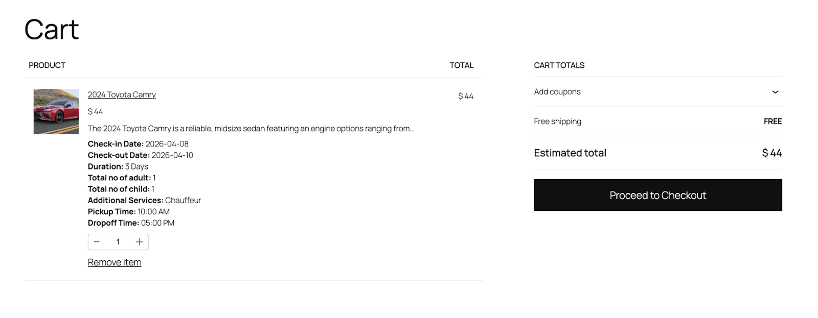 Image showing total cost on the cart for rental services.