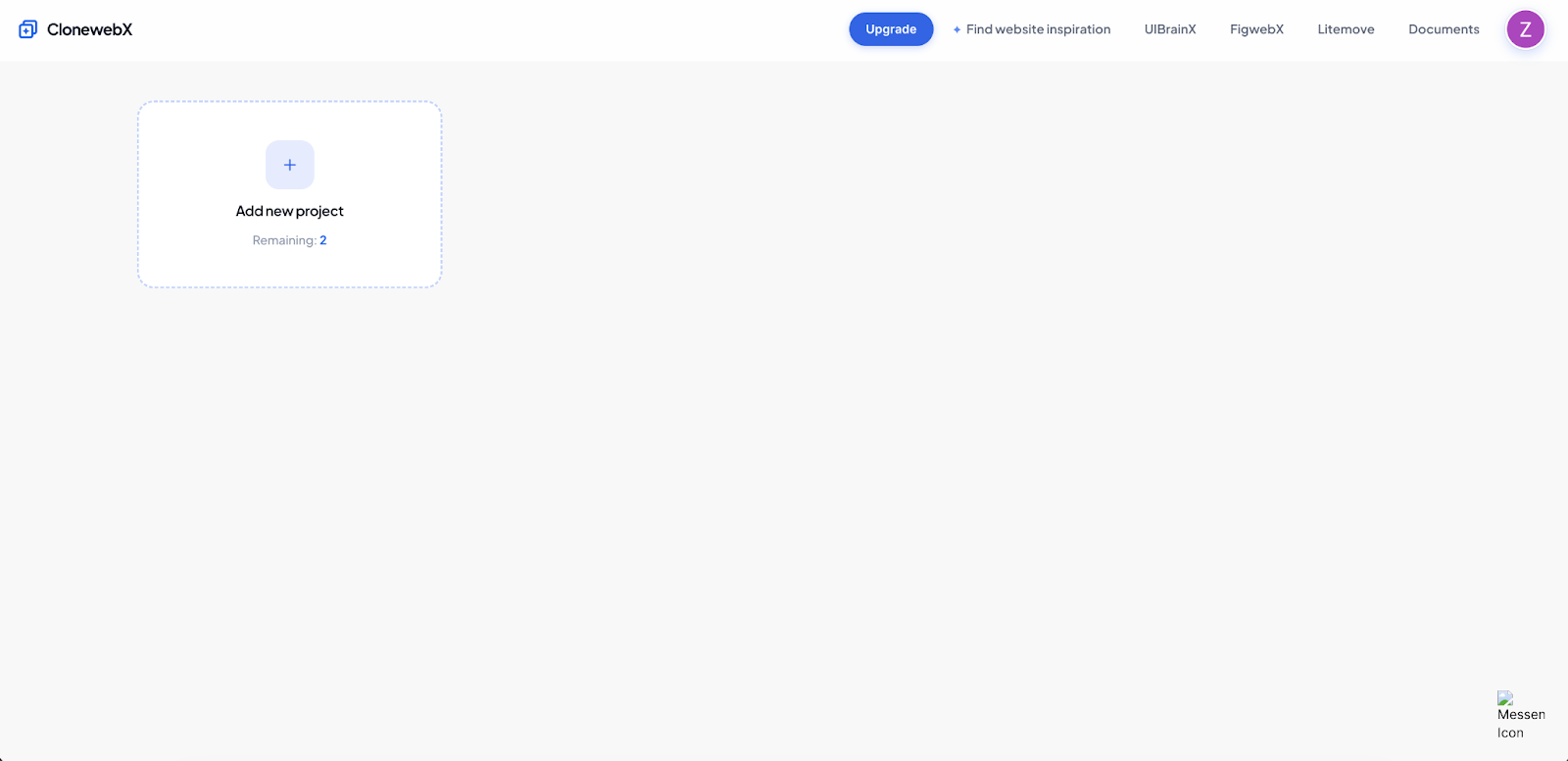 Image showing ClonewebX add new project. 
