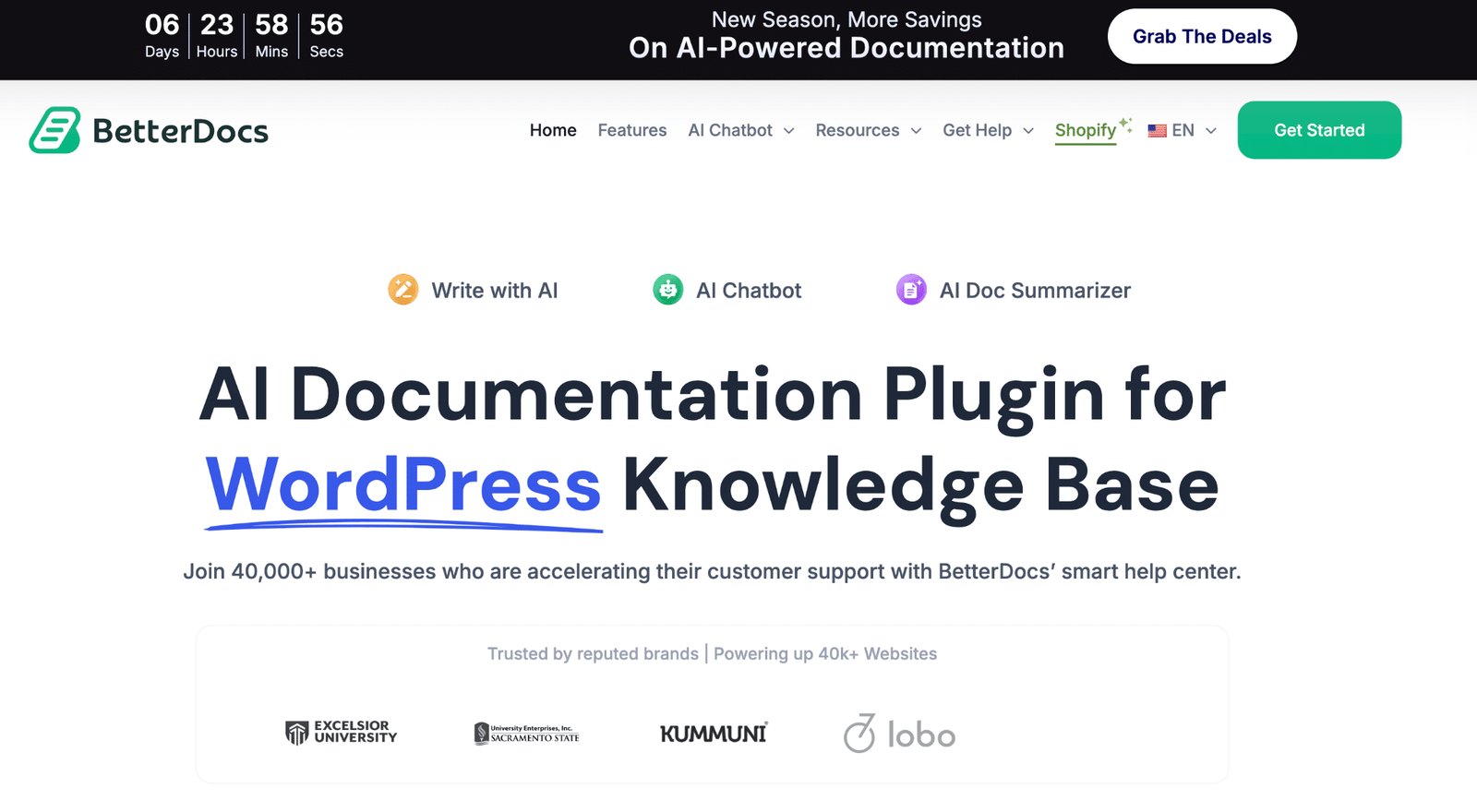 Image showing BetterDocs Knowledge Base Plugins (2026 Edition) website home page. 
