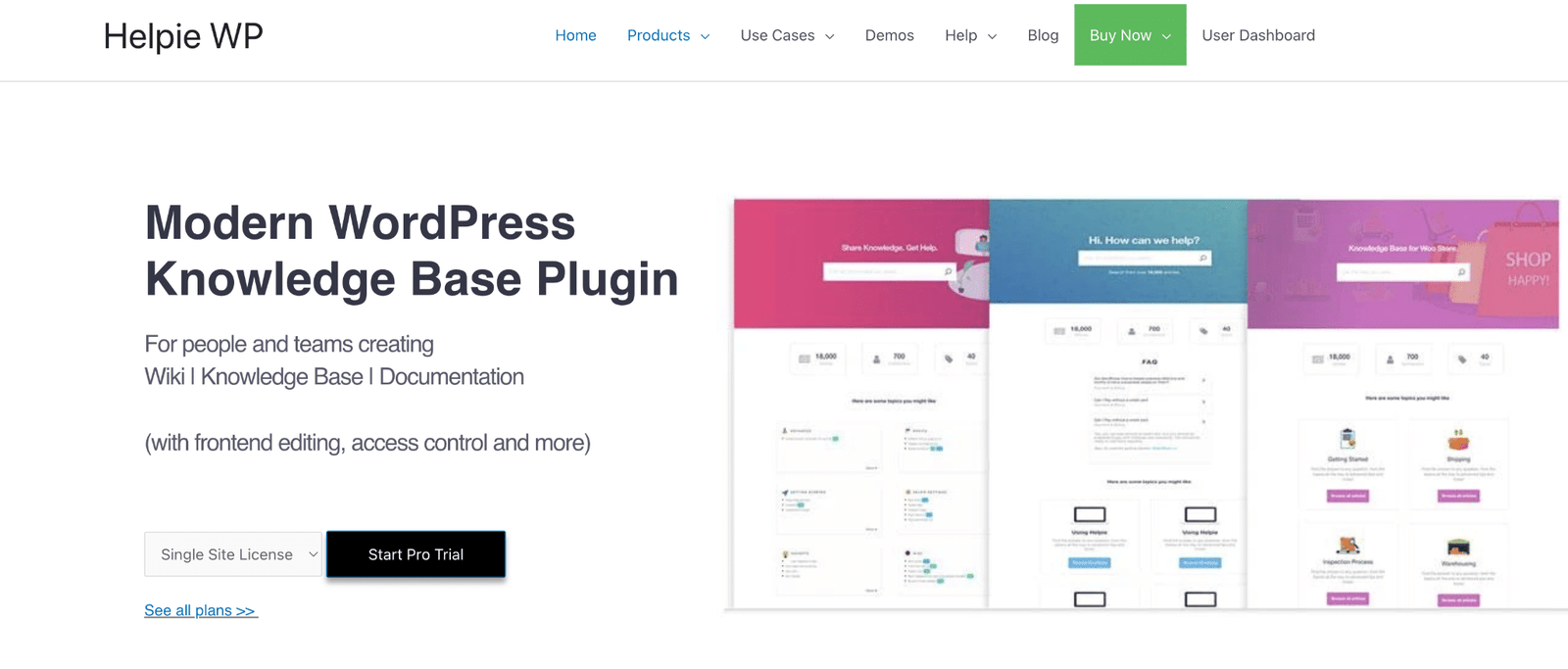 Image showing Helpie WP Knowledge Base Plugins (2026 Edition) website home page. 