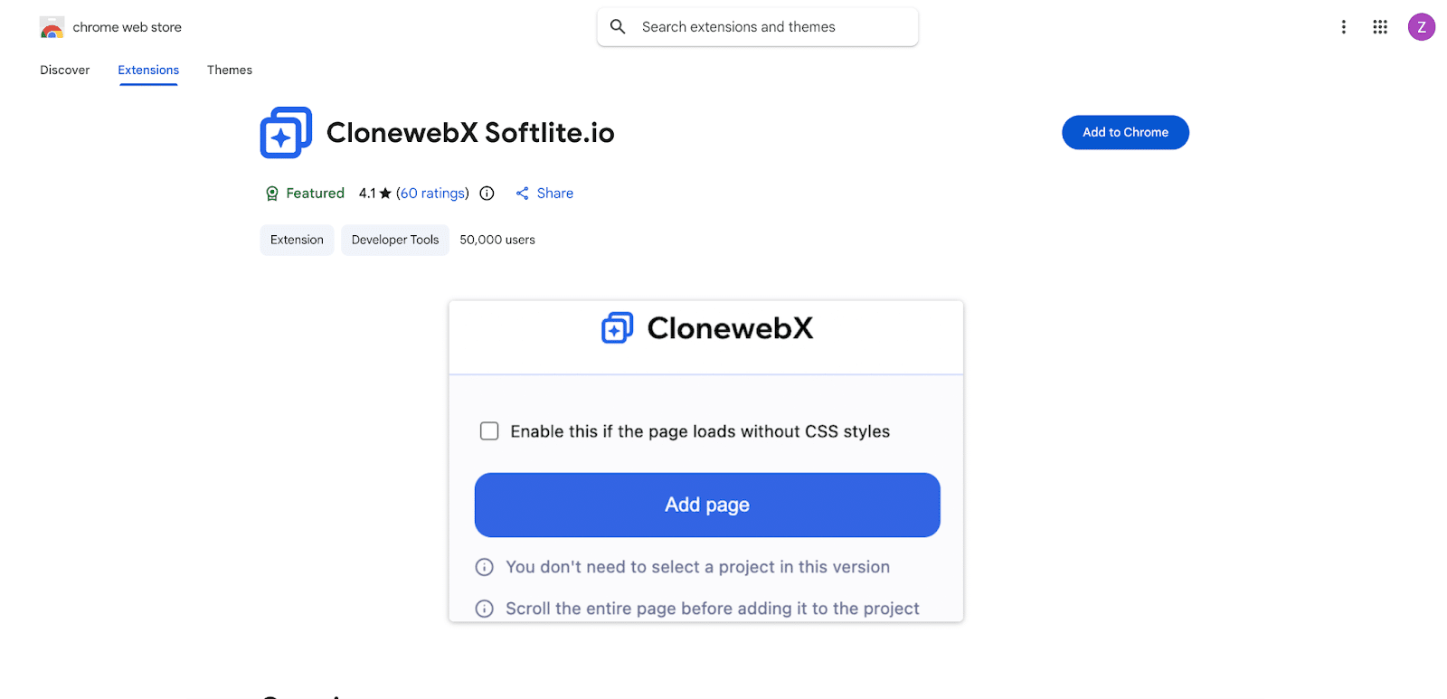 Image showing to add ClonewebX Softlite.io to chrome. 