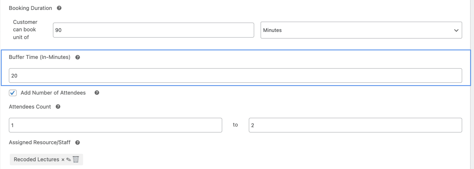 image showing booking settings tab with buffer time field highlighted, alongside session duration and attendee count range that set class size.
