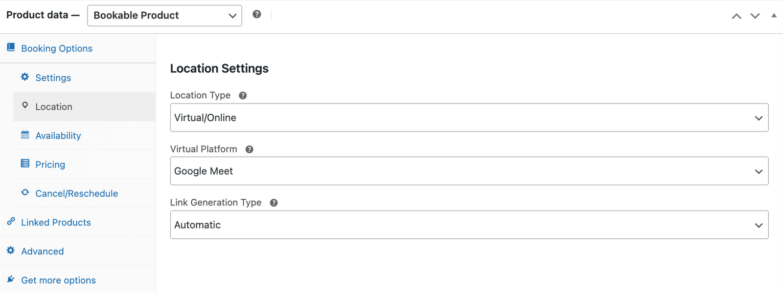image showing location settings tab to online with google meet and automatic link generation for online classes.