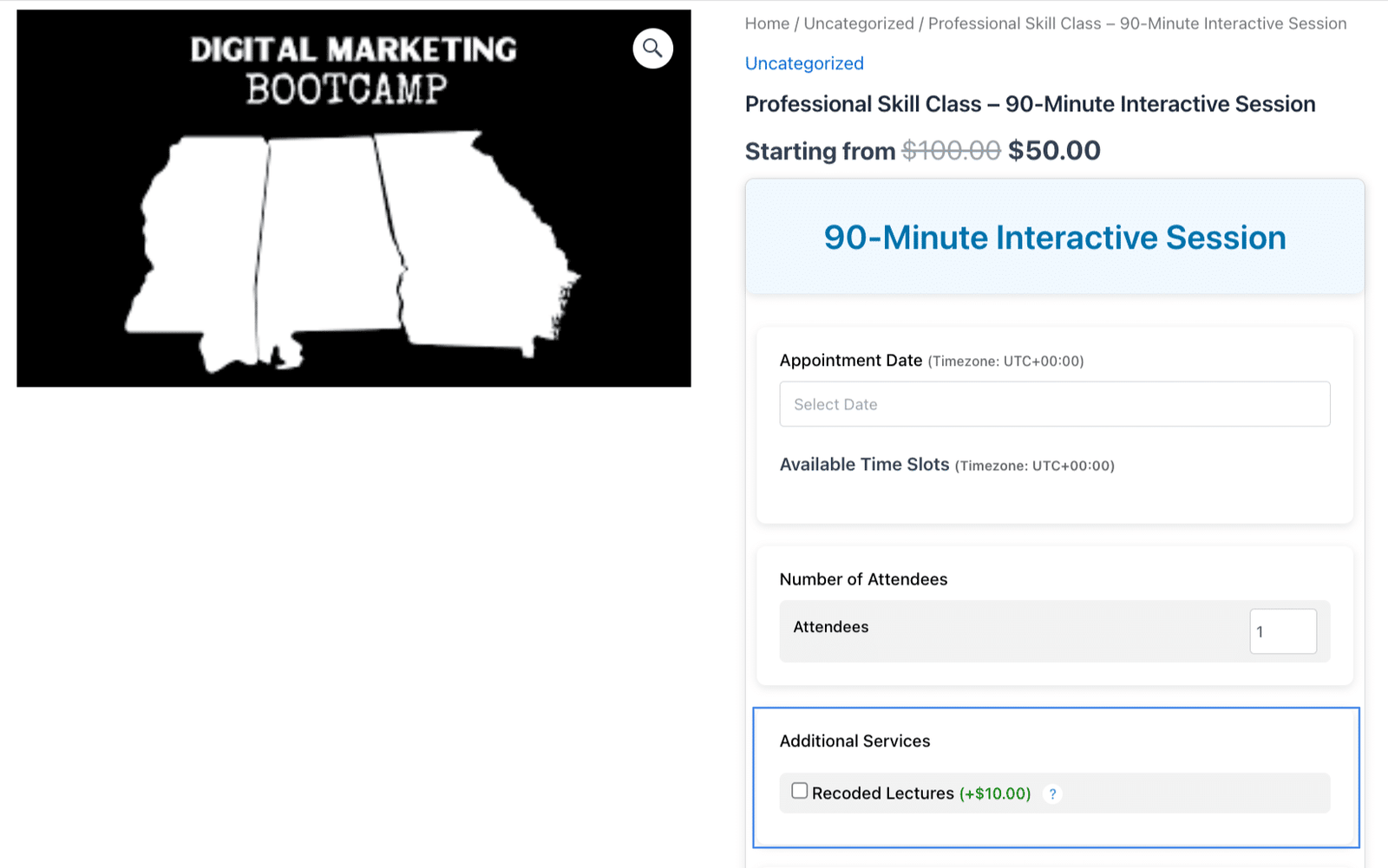 image showing product page with additional services section highlighted, where a priced add-on is offered during registration.