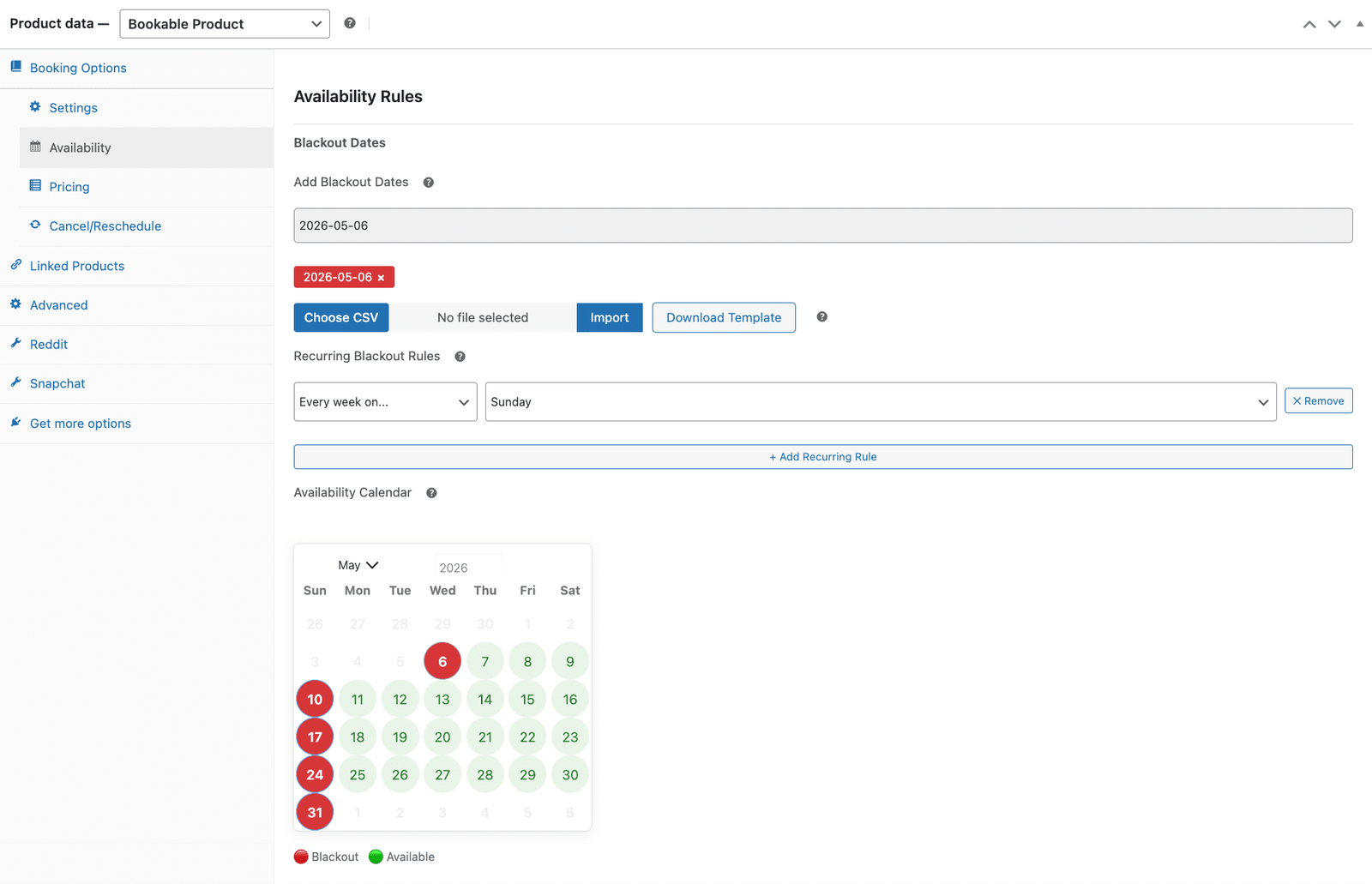 image showing availability rules tab with single blackout dates, csv import, recurring blackout rules, and the live availability calendar.