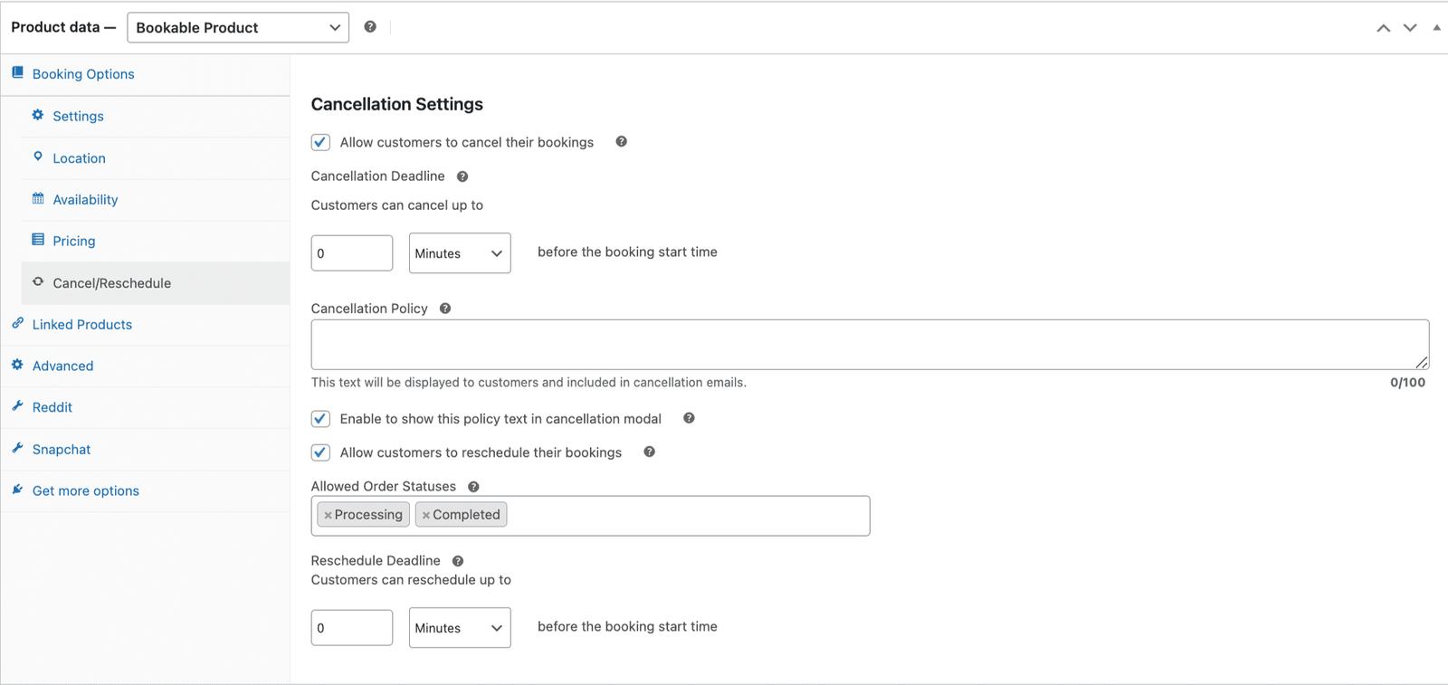 image showing cancel tab, where the cancellation deadline, policy text, and reschedule settings are configured for the rental product.