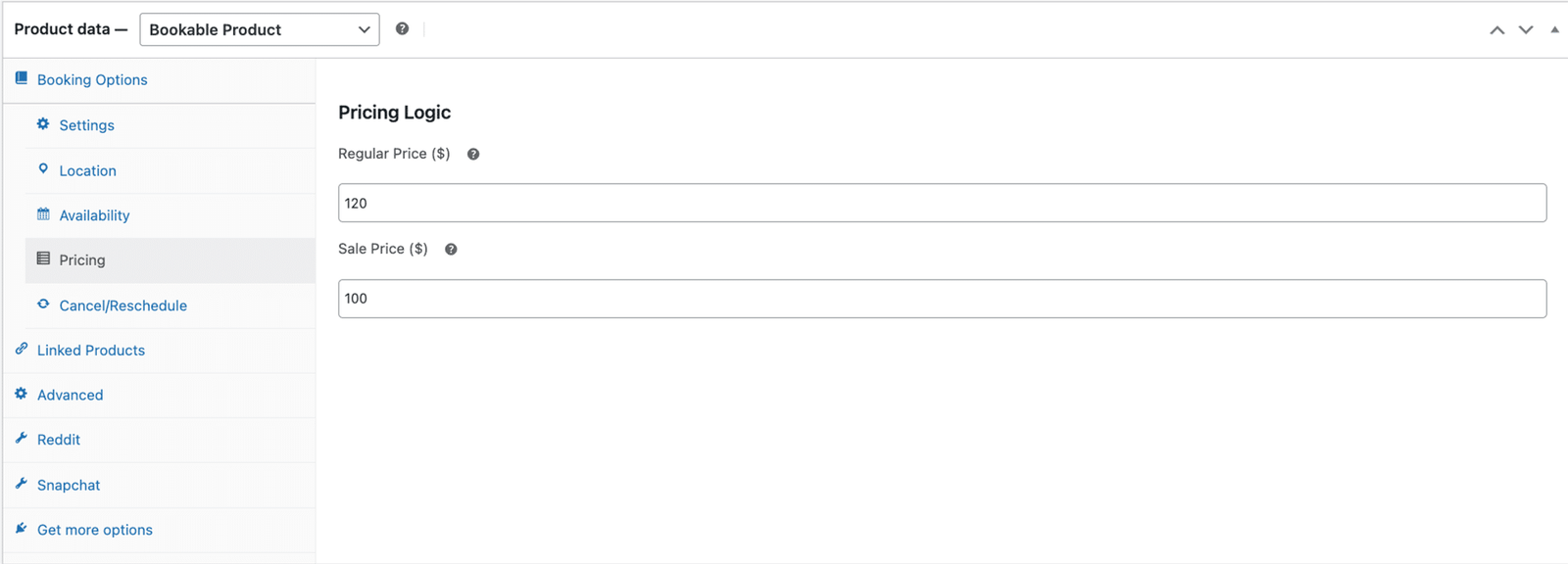 image showing pricing tab, where the regular price sets the daily hire rate, and an optional sale price applies a promotional rate.