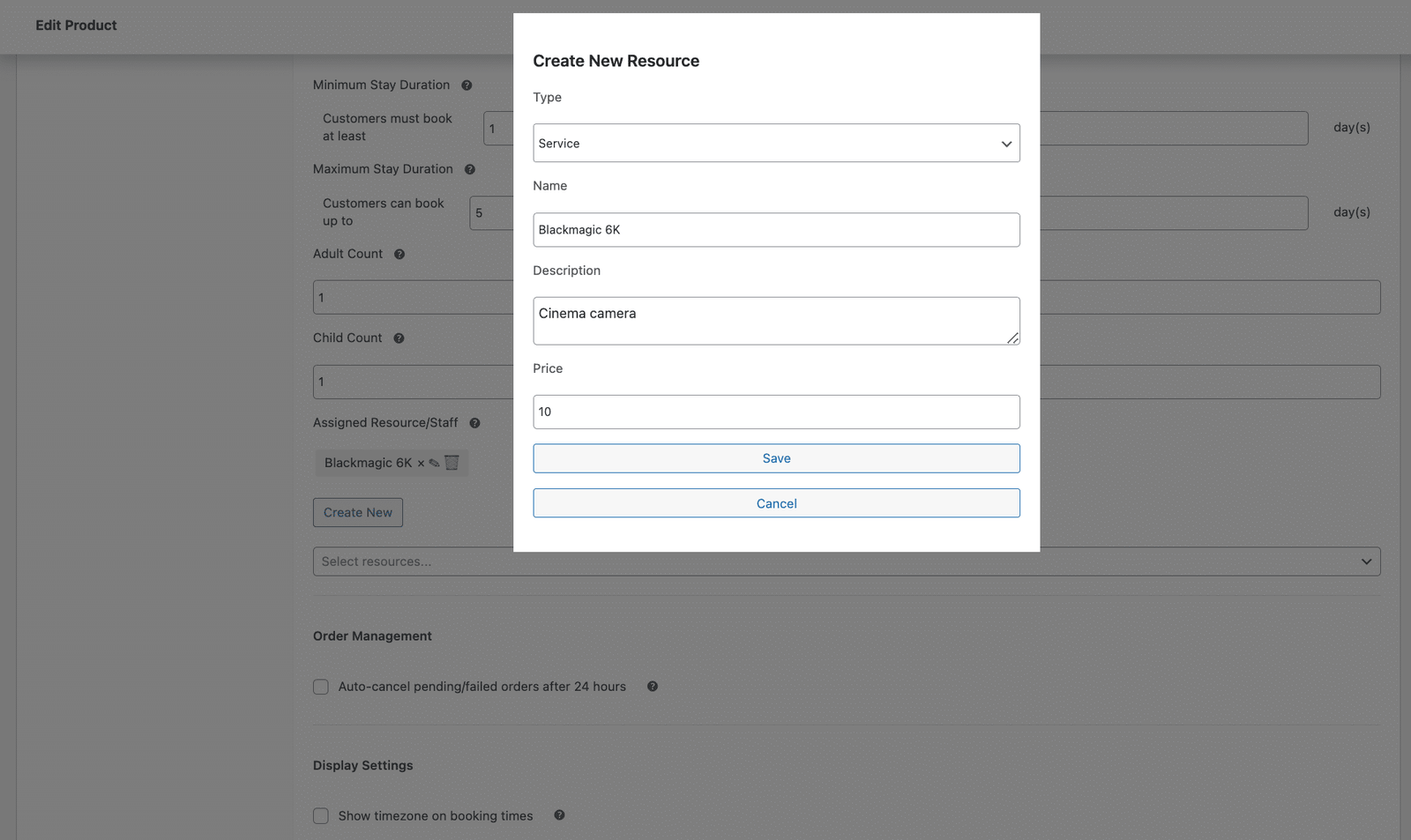 image showing create new resource dialog, where an accessory or unit is added with a name, a description, and price before being attached to the rental product.