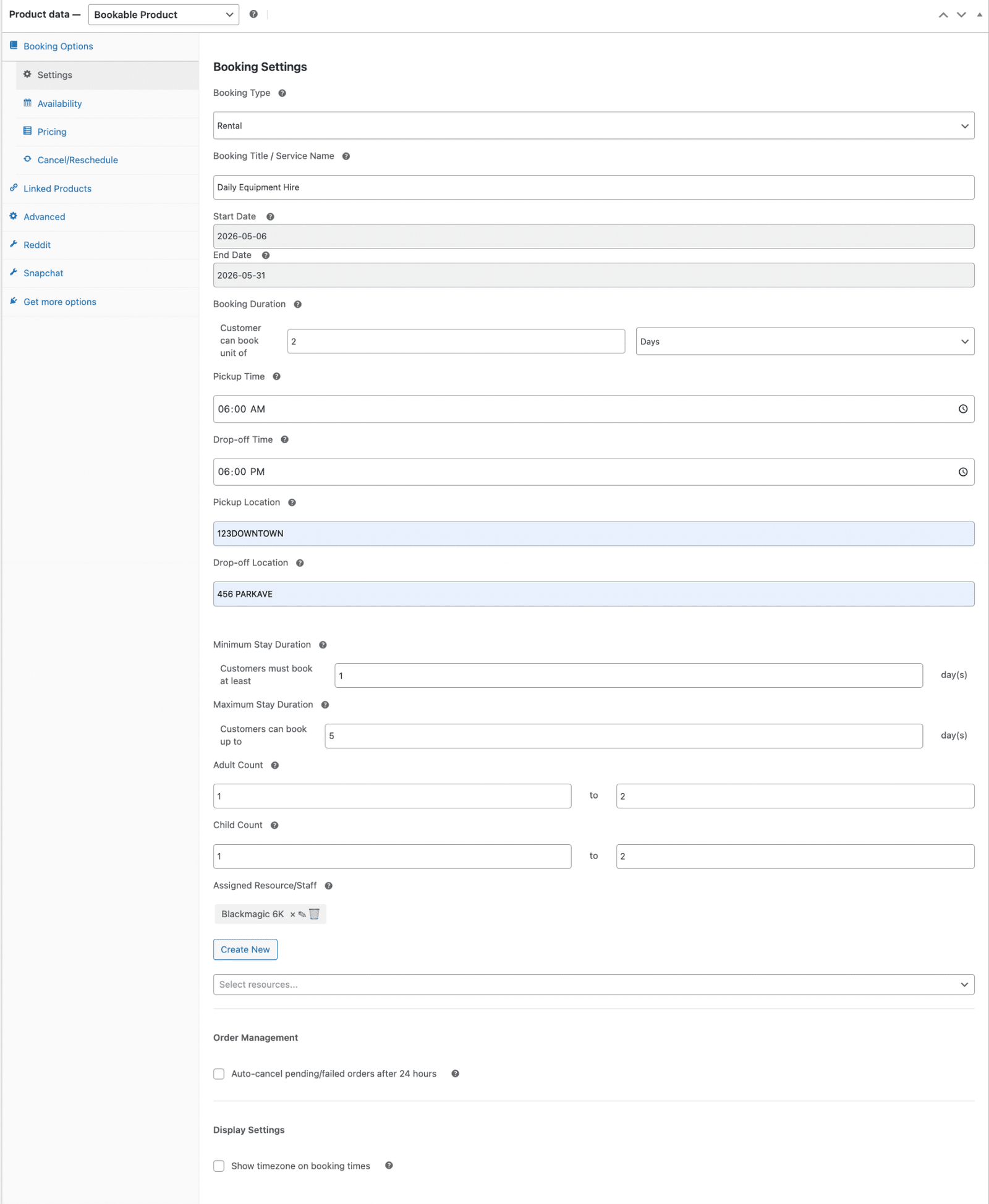 image showing booking settings tab with the booking type set to rental, showing title, dates, minimum and maximum stay, and the assigned resource.