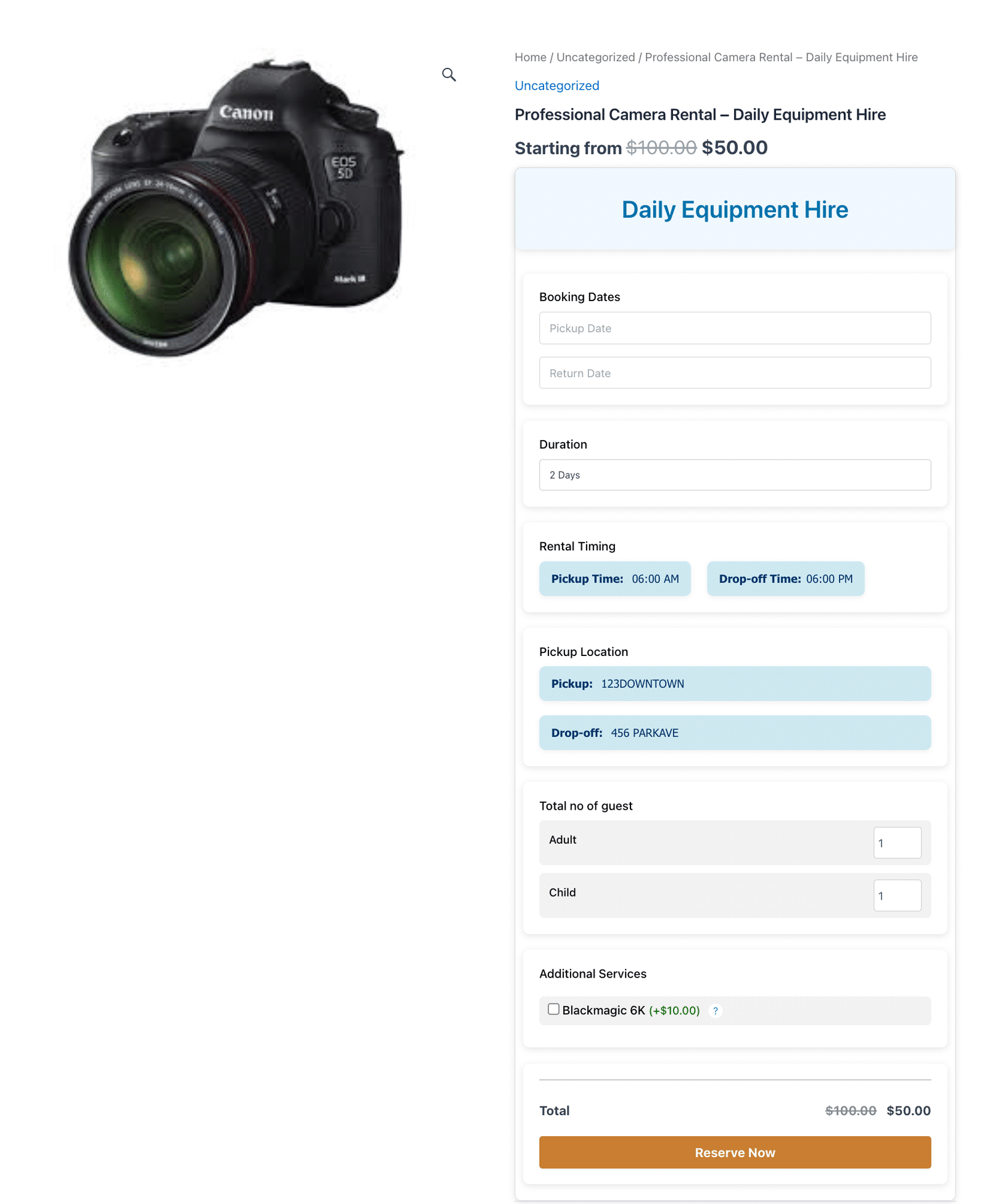 image showing client-facing equipment rental product page, with pickup and return dates, duration, pickup and drop-off times and locations, and the live total before reserve now.