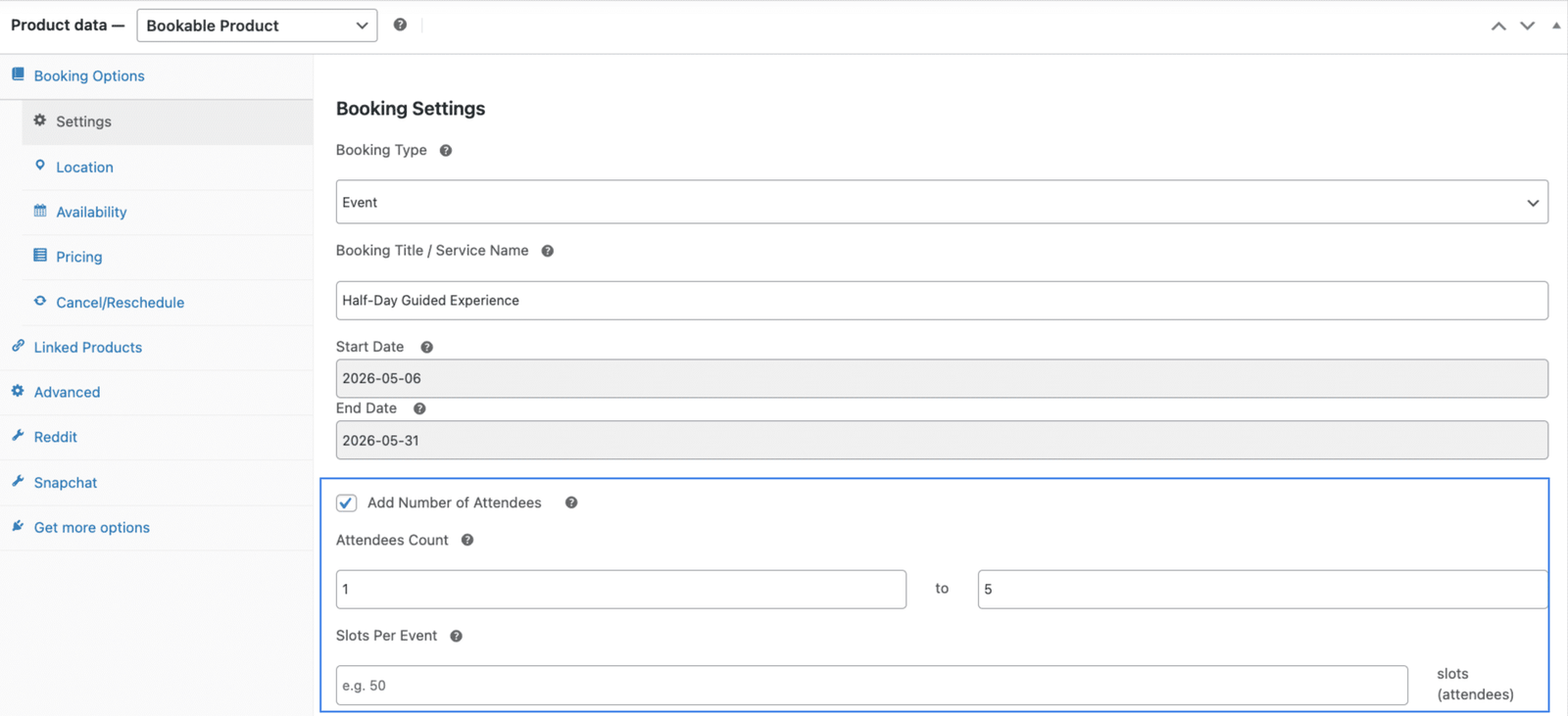 image showing booking settings tab, with the booking type set to event and the slots per event field highlighted.