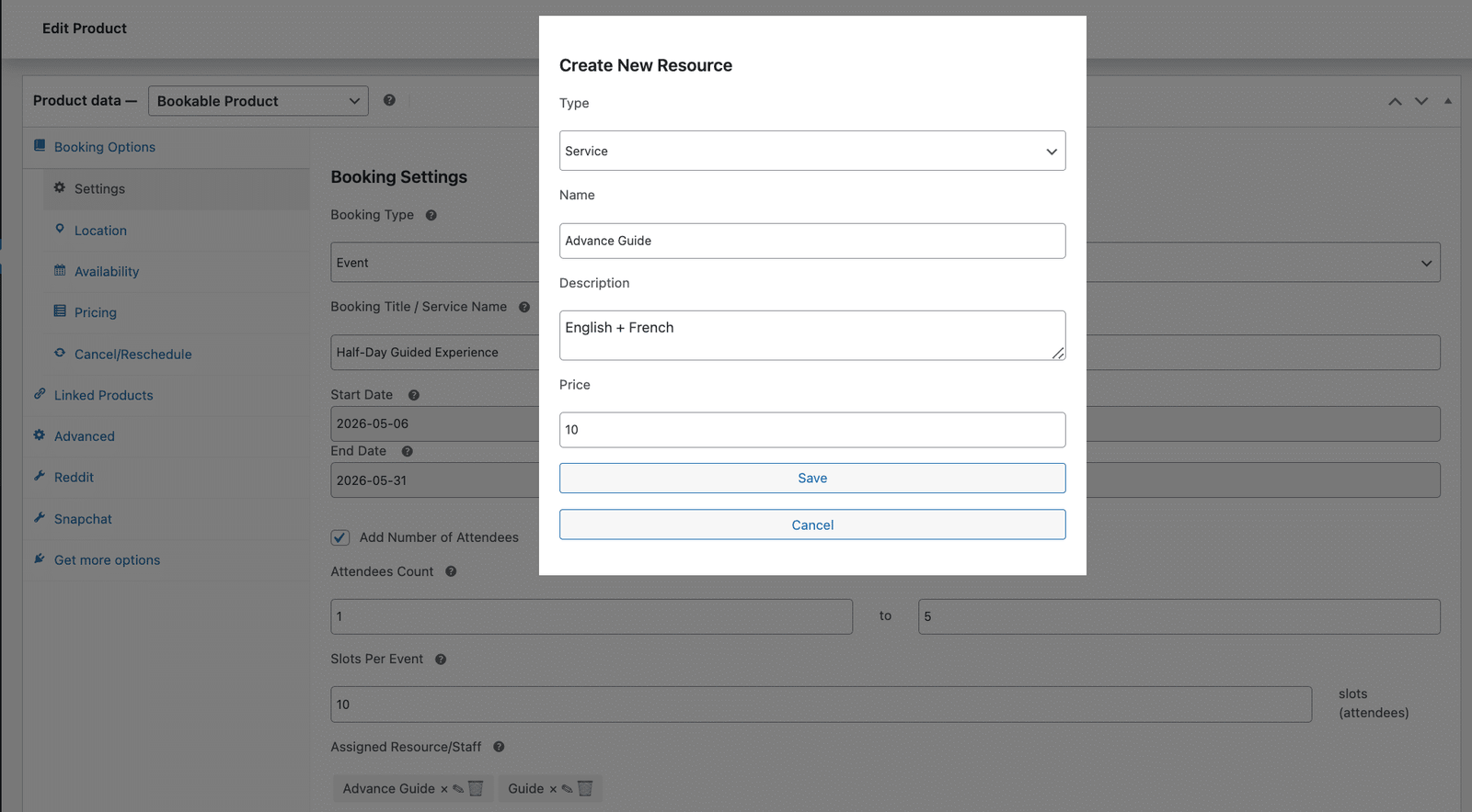 image showing create new resource dialog, where an optional extra or staff resource is given a name and a description.