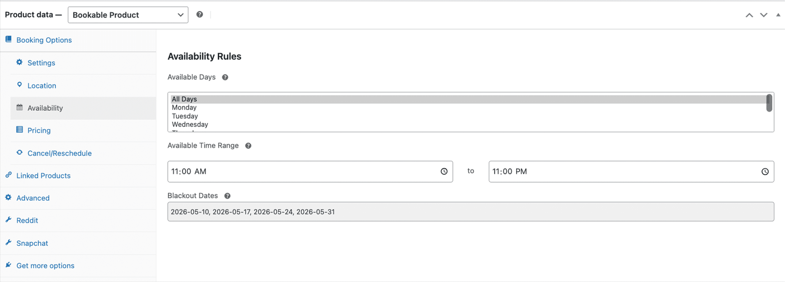image showing availability rules tab, with the available days selector, the daily time range and the blackout dates that block specific days.