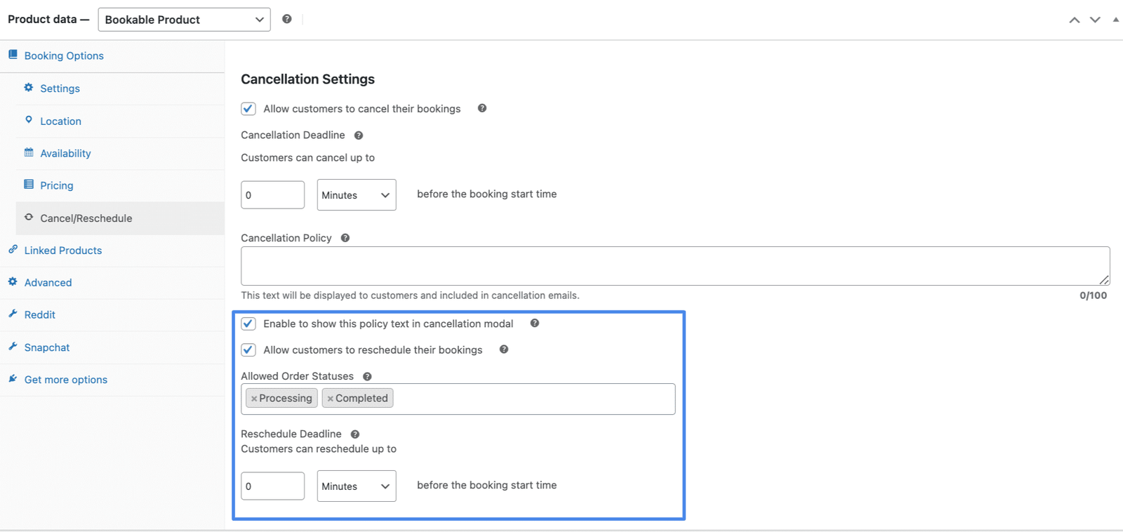 image showing reschedule tab with reschedule settings highlighted.