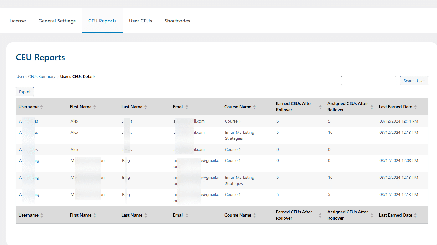 Image showing LearnDash CEU reports.