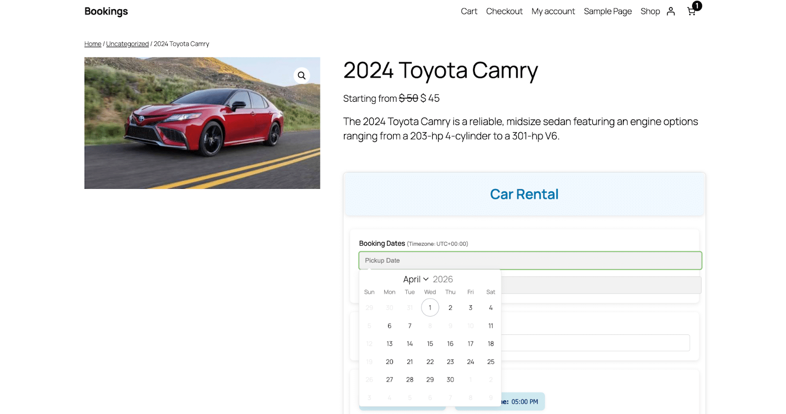 Image showing car rental schedule date for your 2024 Toyota Camry.