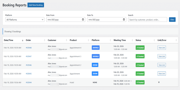 The Booking Reports dashboard shows all rental reservations with customer details, booking windows, status, and order links across every product.