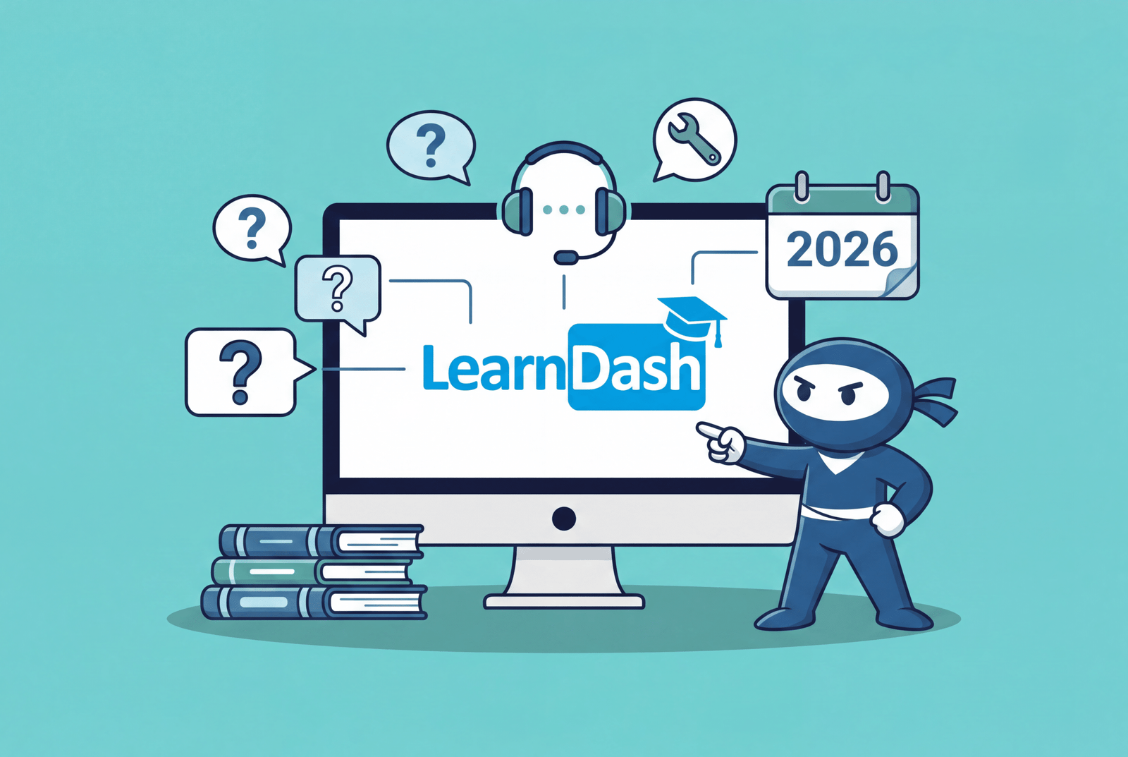 LearnDash surrounded by question marks on the monitor in the background and a Blue Ninjas pointing at it int he foreground and 2026 sign above it all