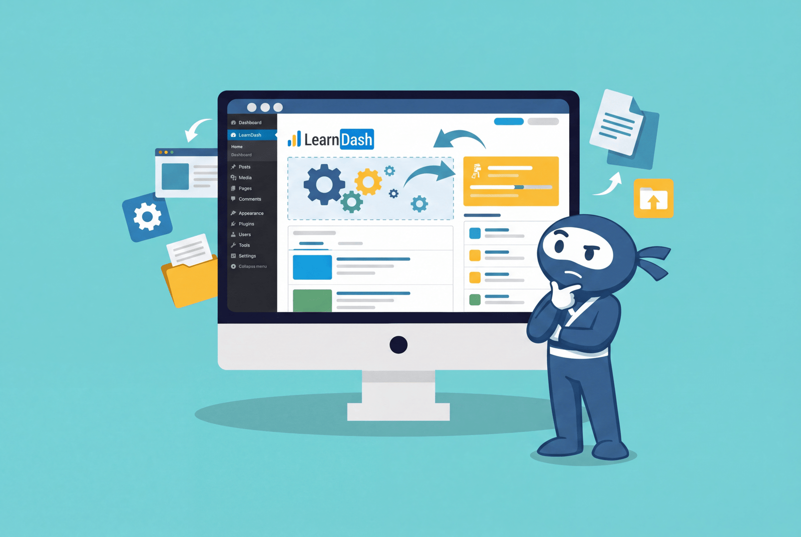 Illustration of a WooNinjas mascot reviewing a LearnDash dashboard on a large computer screen, representing LearnDash site changes, support, and migration planning.