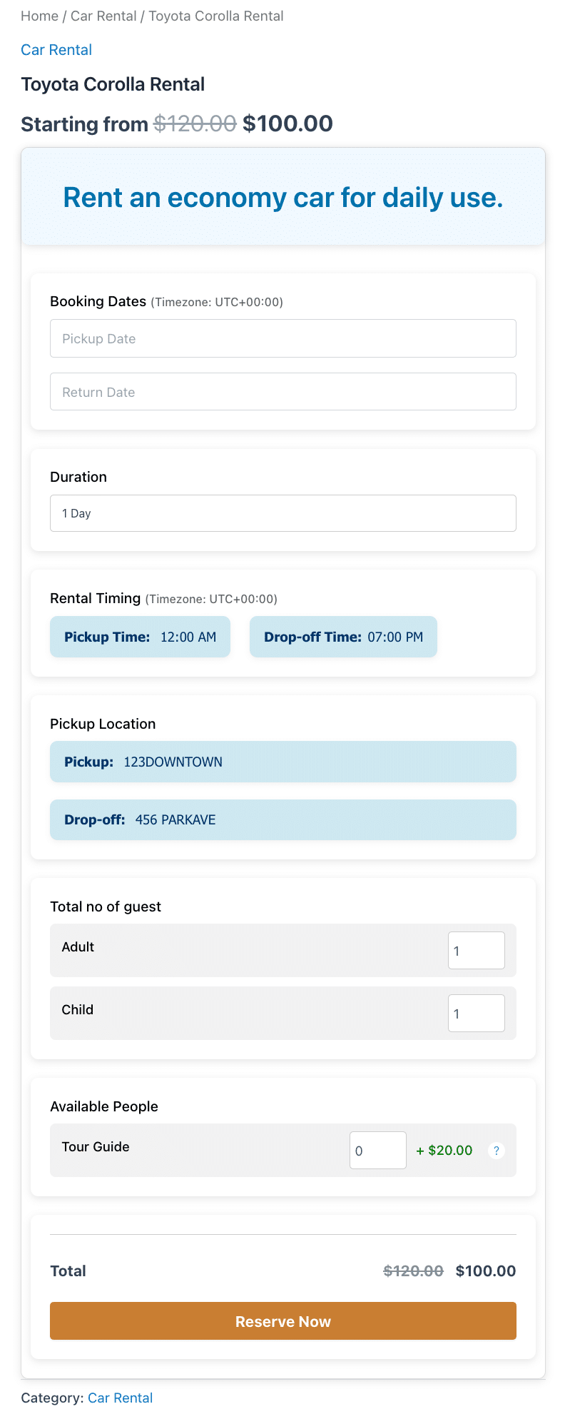 WooCommerce Rental Bookings, Car Bookings option - Front-end