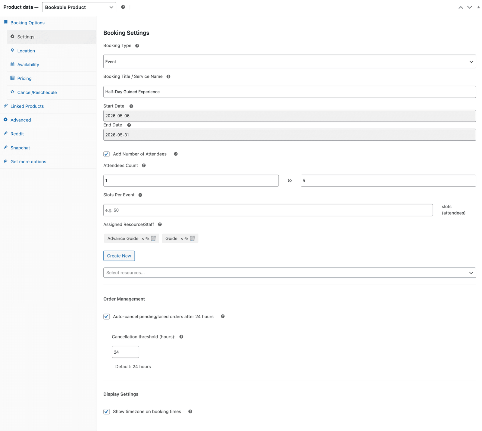 image showing full booking settings tab for event tour.