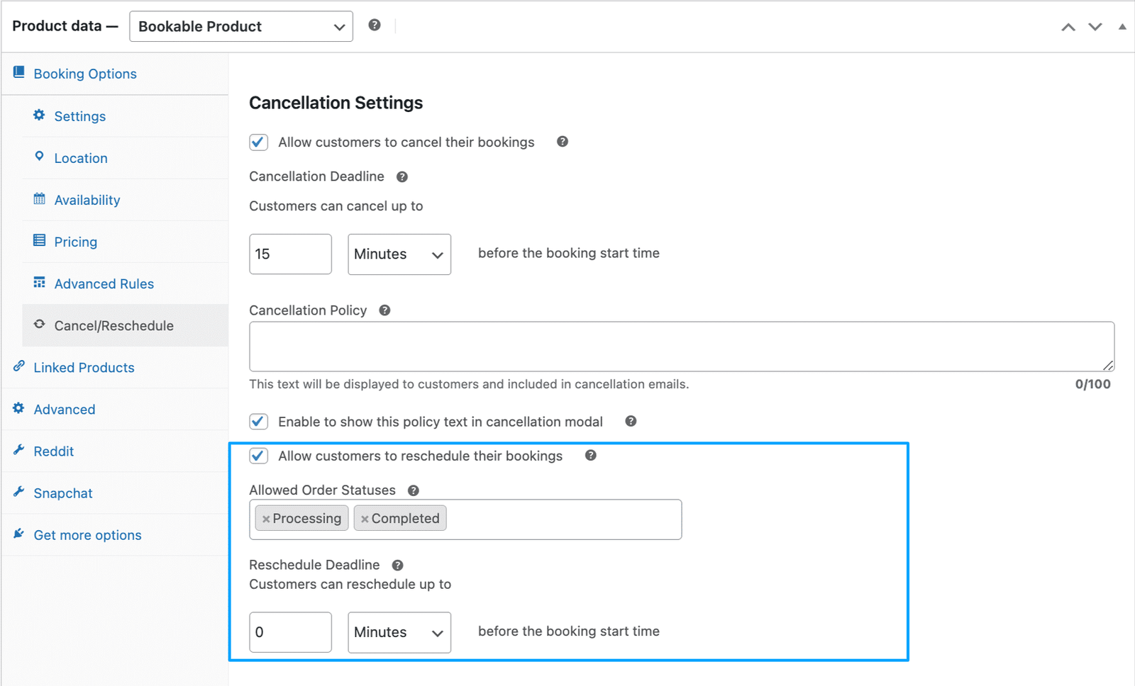 image showing cancellation tab with cancellation settings highlighted.