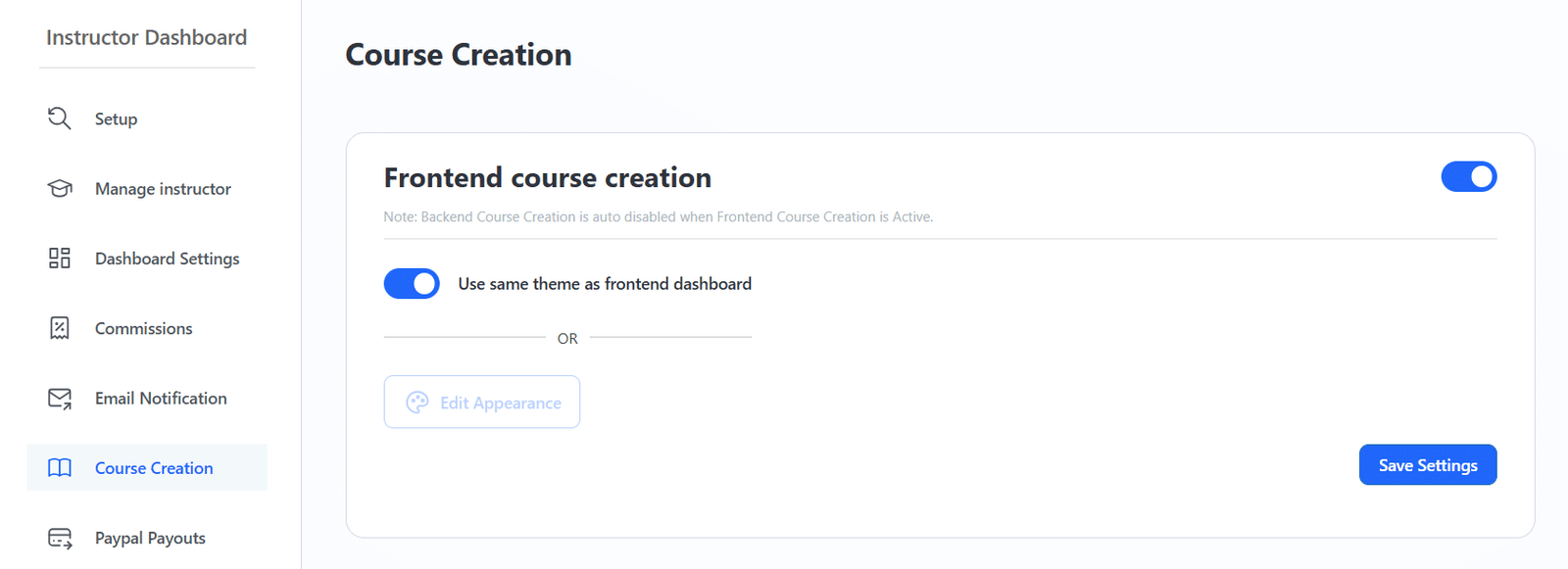 Image showing how to enable the frontend course creator.