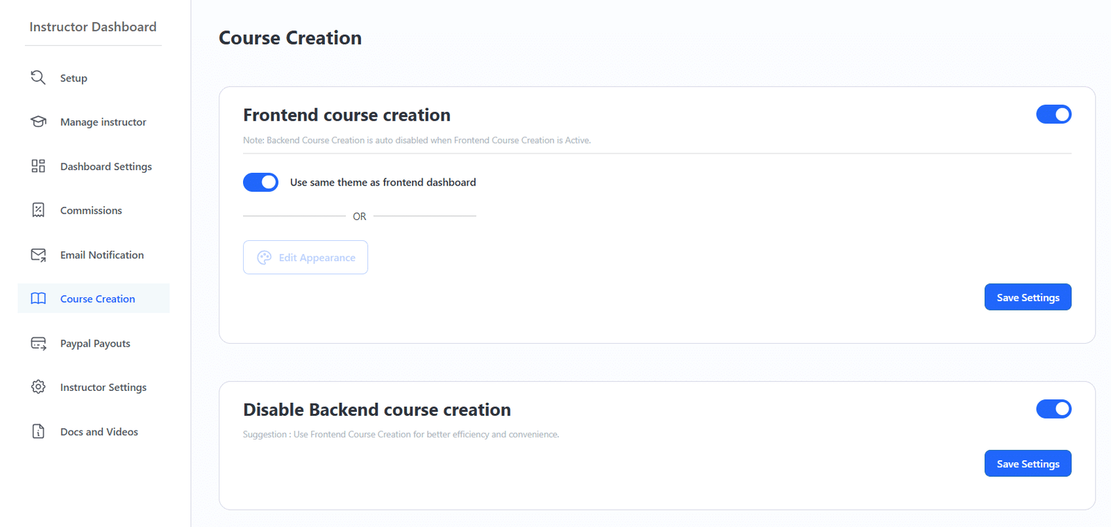 Image showing how to disable the backend course creation.