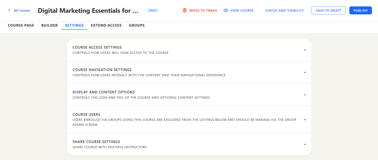 Image showing how to configure the course settings.