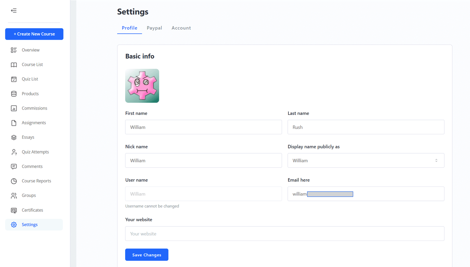 Image showing create new course settings.