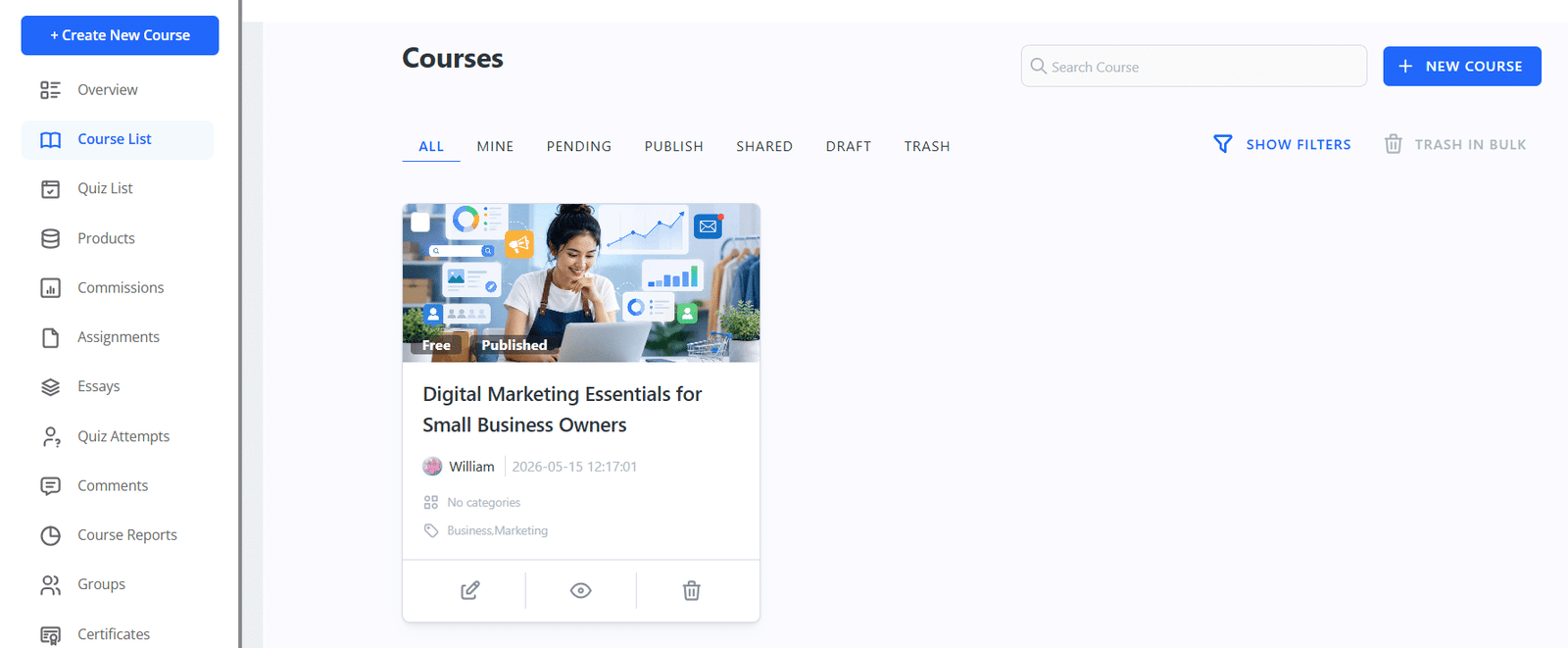 Image showing how to edit the existing courses from the frontend.