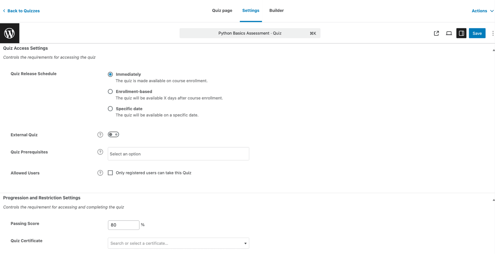 Image showing quiz settings release schedules.