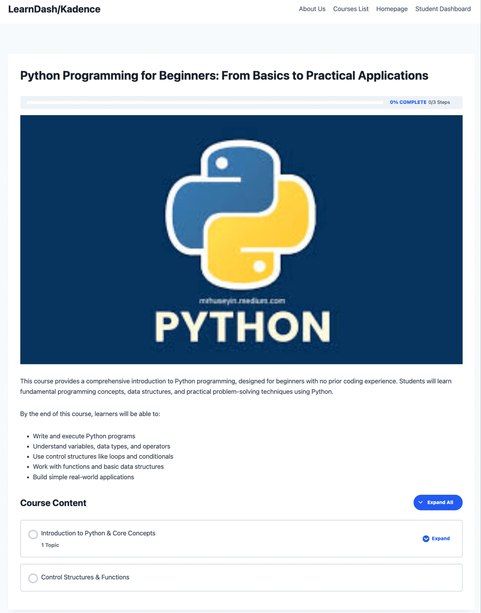 Image showing learndash/kadence python programming for beginners.